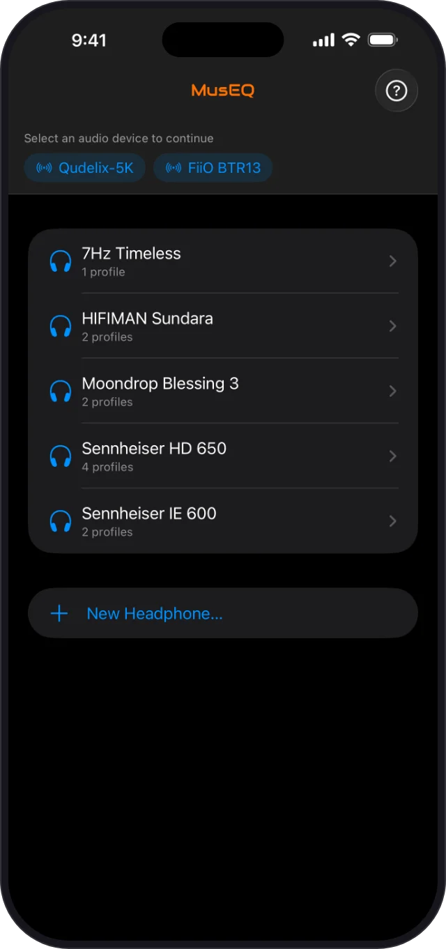 MusEQ mobile asking you to select an audio device, with Qudelix-5K and FiiO BTR13 to choose from