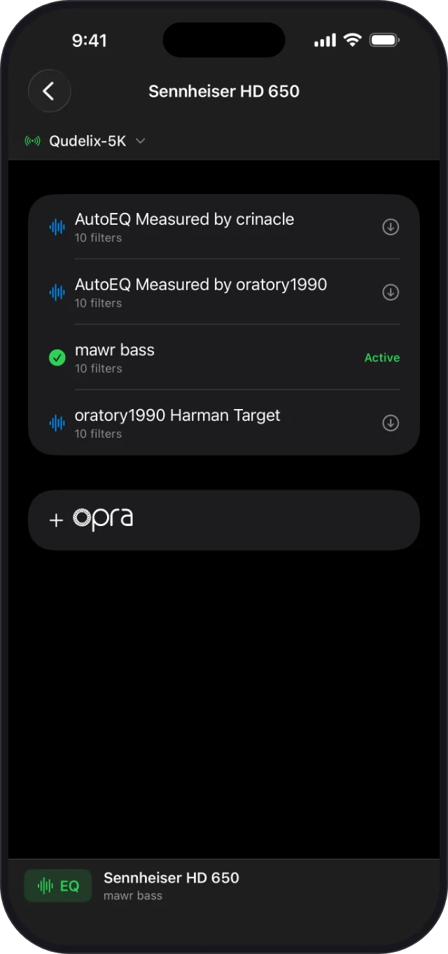 The same mawr bass profile on MusEQ mobile, marked Active