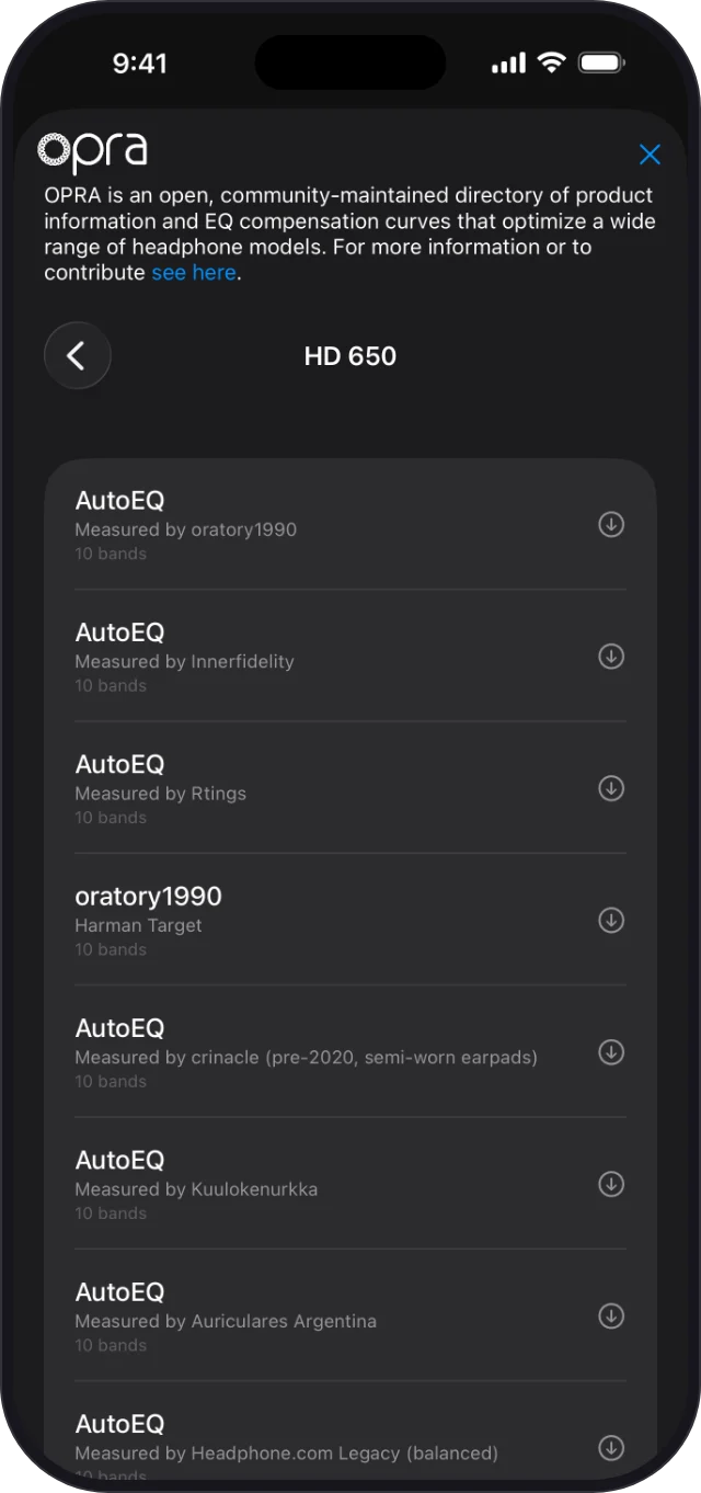 The OPRA library in MusEQ mobile, listing EQ profiles for the Sennheiser HD 650 from AutoEQ and oratory1990