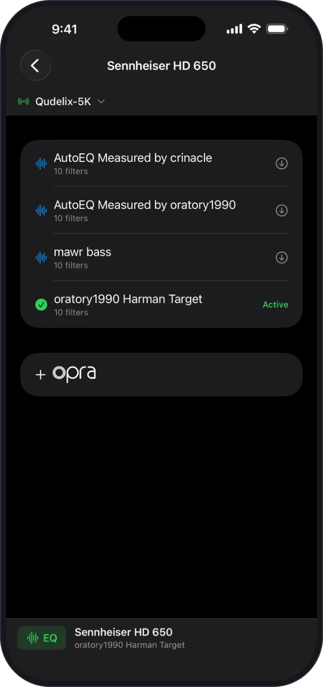 MusEQ mobile showing four EQ profiles for a Sennheiser HD 650, with oratory1990 Harman Target marked Active on a connected Qudelix 5K